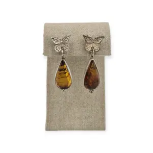 ARETES ÁMBAR Y PLATA MARIPOSA