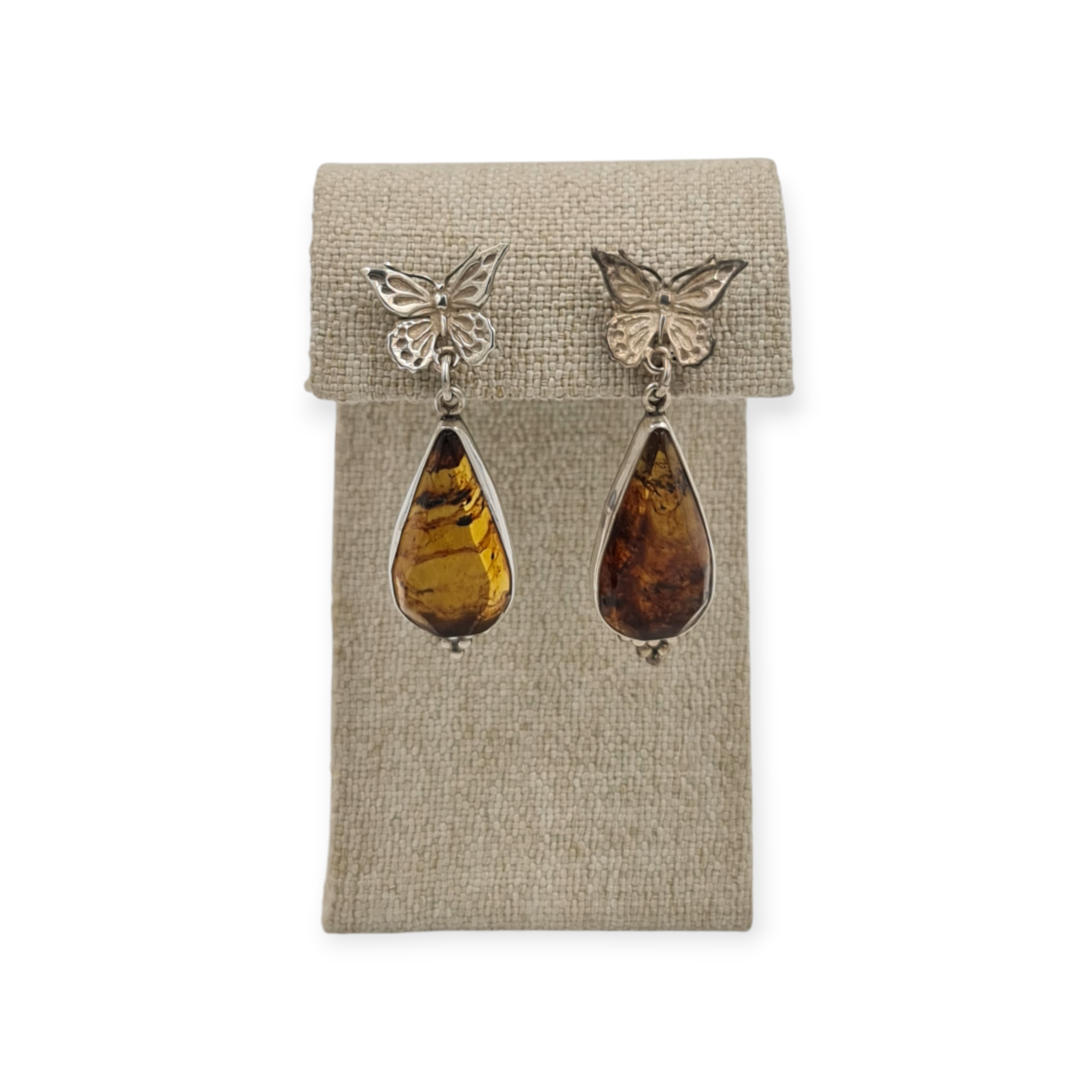 ARETES ÁMBAR Y PLATA MARIPOSA